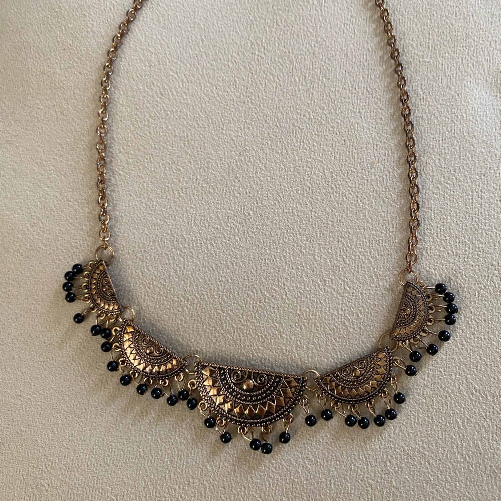 Boho Copper/Gold Tone Black Beaded Bib Necklace Vintage - Picture 2 of 2